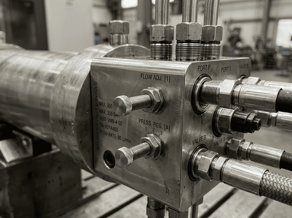Precision machined integrated valve manifold block for hydraulic cylinder control