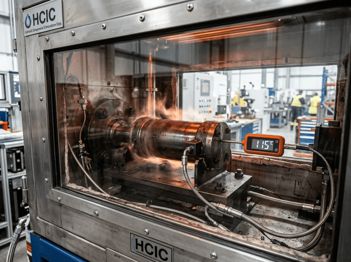High-temperature hydraulic lab testing at 115 degrees Celsius for FKM seals 