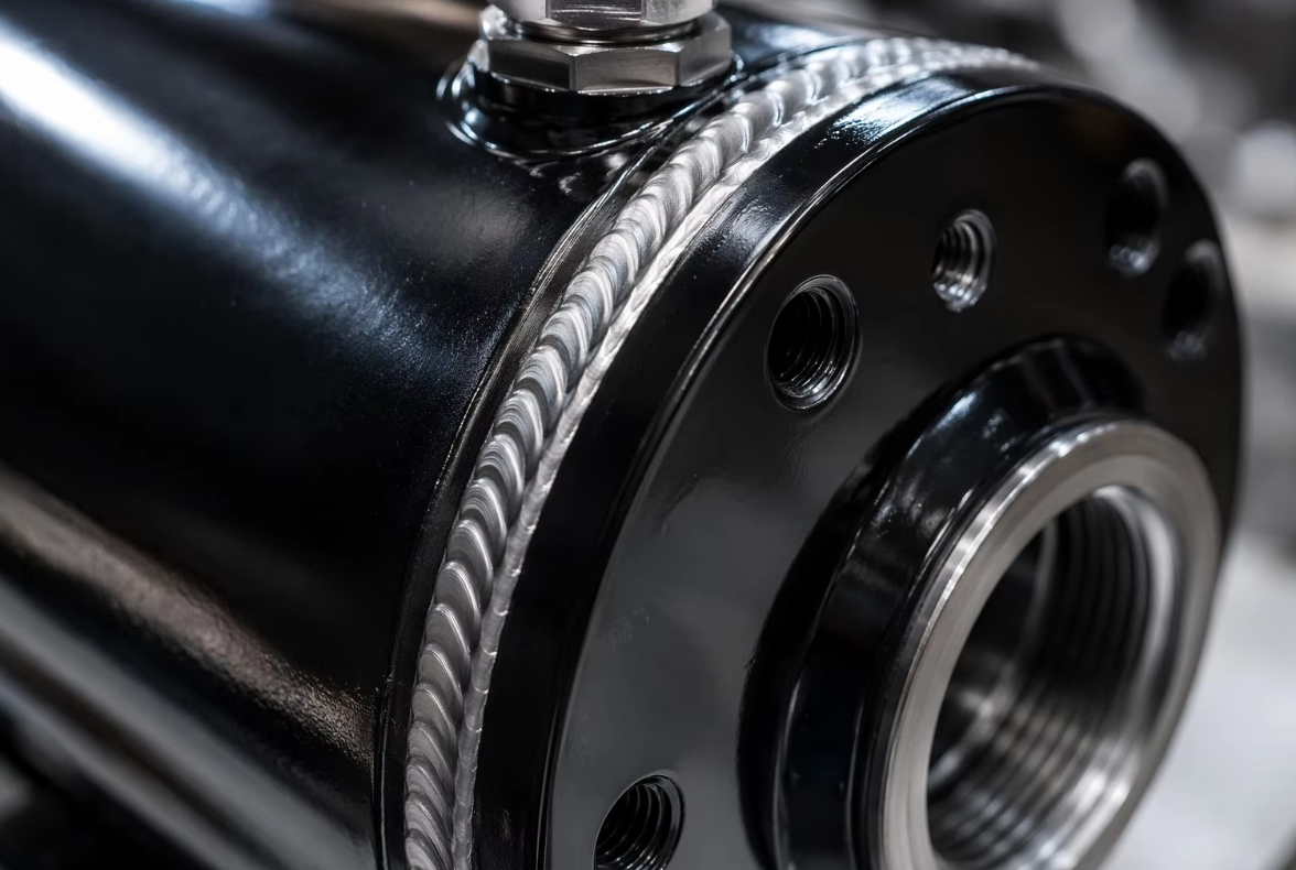 Close-up of hard chrome hydraulic rod and seal gland assembly