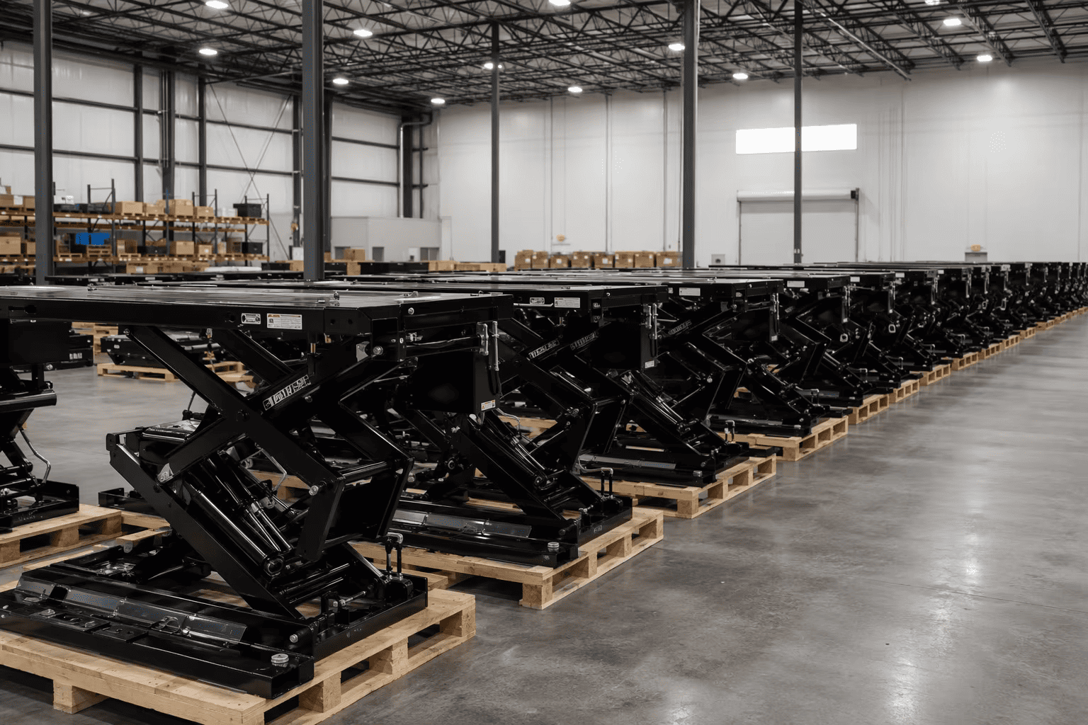 Massive inventory of finished scissor hoists ready for global shipping
