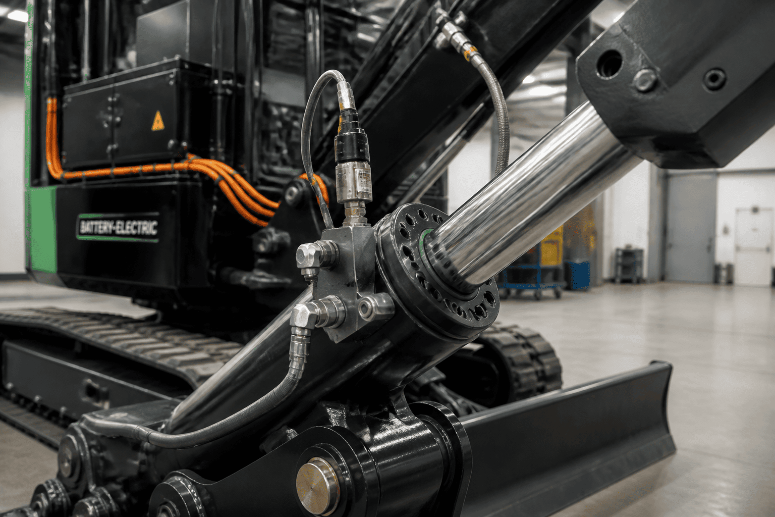 Low-friction hydraulic boom cylinder with integrated flow regeneration manifold installed on battery-electric compact excavator